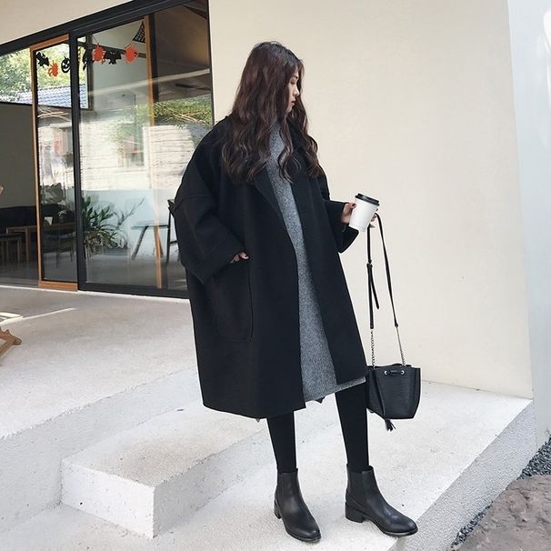 Elegant Woolen Trench Coat Winter for Women Vintage Windbreakers Jacket Mid-Length Loose Turn-Down Collar Plus Size 4XL_ecoleips.com