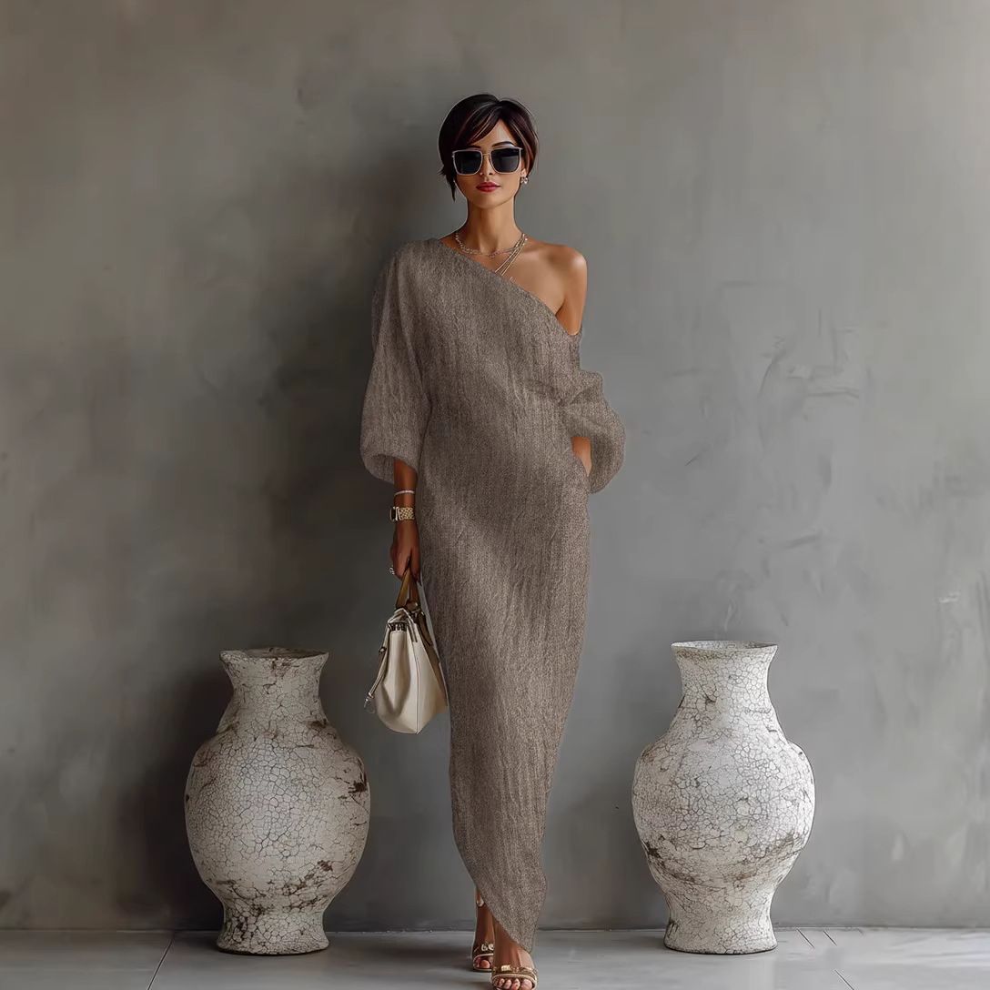 Women's Clothing High-End Women's Long Dress Off-Shoulder Mid-Waist Pullover European American Style Spring/Summer Fashion_ecoleips.com
