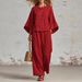 Women's Linen Blend Wide Leg Pants And Top Set, Casual Comfort Two Piece Outfit For Everyday Wear_ecoleips.com