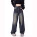 American Retro Blue-gray High-waisted Loose Denim Pants For Women, Spring Autumn Washed And Distressed Straight Casual_ecoleips.com