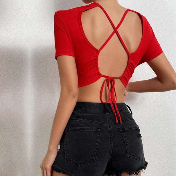 Voya Women's Sexy Backless Ultra Short Sleeved T-shirt With Exposed Belly Button Top_ecoleips.com