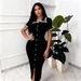 Women's Color Block Knit Dress With Lace Collar Single-Breasted Slim Fit Midi Skirt_ecoleips.com