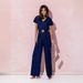 Women's Solid Color V-Neck Casual Jumpsuit Short Sleeve Waist Trousers American Style Polyester_ecoleips.com