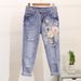 Women's Clothing popular women's fashion suit summer embroidered three dimensional flower T shirt + ripped nine point jeans_ecoleips.com