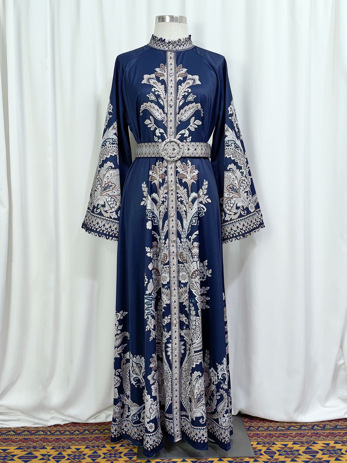 M385# Flared Sleeve Maxi Dress – Turkish-Inspired Elegance With Stand Collar (White/Blue, M-XXL)_ecoleips.com