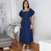 Women's Denim Long Dress U-Neck Short Sleeve Spring/Autumn Summer New Style Elastic Fit Casual Dress_ecoleips.com