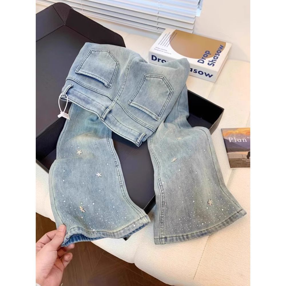 Women's High-Waisted Slim-Fitting Flared Jeans Sparkly Star Rhinestone Detail American Style Petite Spring Horse-Length Pants_ecoleips.com