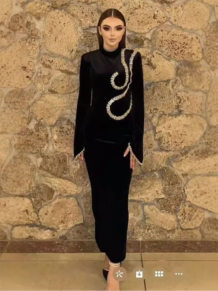 New Black Rhinestone Long Sleeve Bandage Elegant Party Toast Casual Evening Dress For Women_ecoleips.com