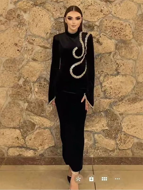New Black Rhinestone Long Sleeve Bandage Elegant Party Toast Casual Evening Dress For Women_ecoleips.com