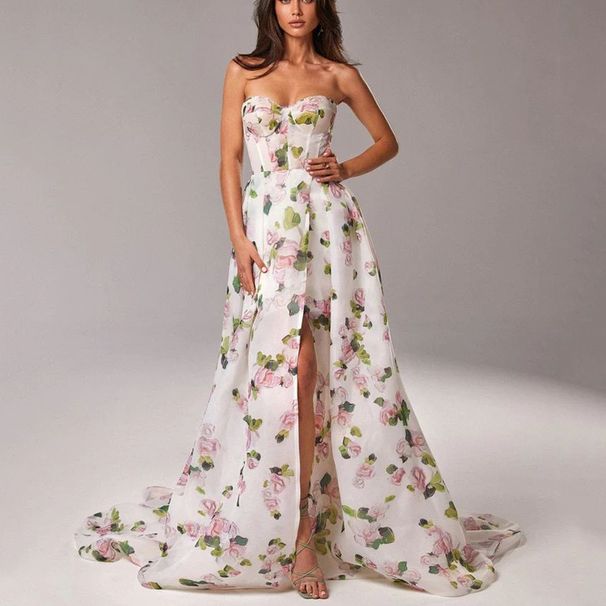 Foreign Trade European American Style Sexy Printed Strapless Backless Straps, Women's Fashionable Floral Long Dress With_ecoleips.com