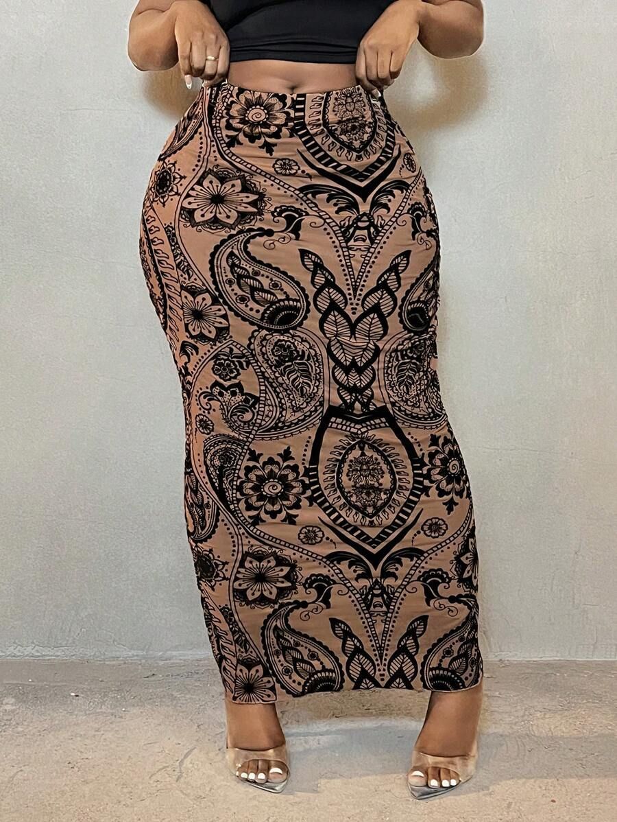 Slim Fit Fishtail Midi Skirt For Women Mesh Tufted Paisley Print Spring Summer_ecoleips.com