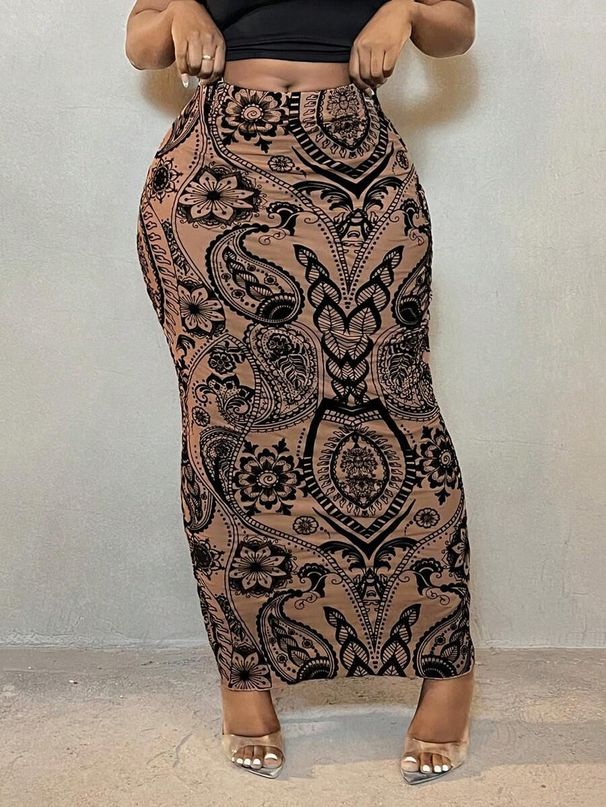 Slim Fit Fishtail Midi Skirt For Women Mesh Tufted Paisley Print Spring Summer_ecoleips.com