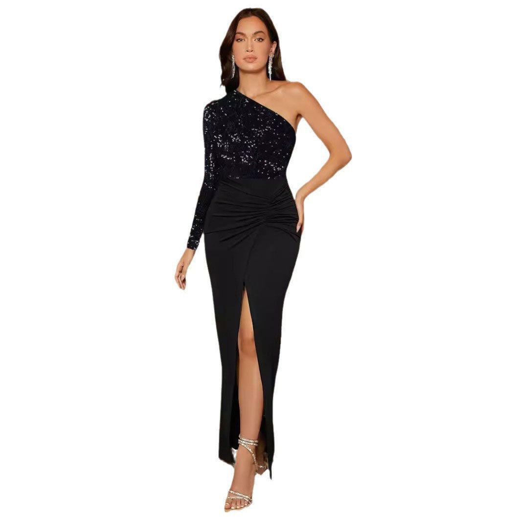 Women’s Clothing one shoulder long sleeved slit waist hugging hip sequin dress_ecoleips.com