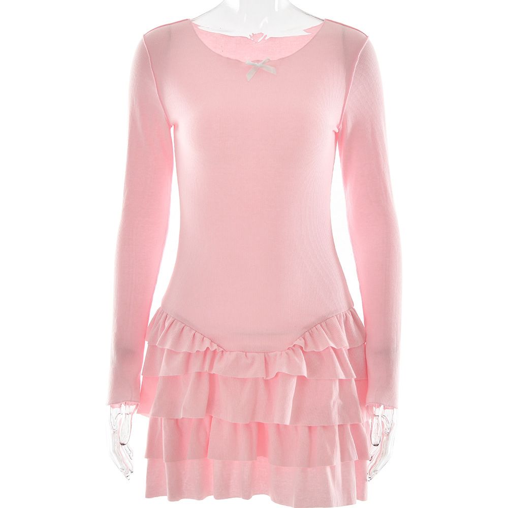 Classic Crew Neck, Elegant Ruched Stacked Detail, Romantic Ruffle Hem, Skinny Slim Silhouette, Stylish Casual Club Outfit_ecoleips.com