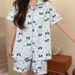Women'S Cotton Pajamas Set Mameiji Summer Blue Plaid Cute Tamagot Chi Cartoon Short Sleeve Shorts Summer Thin Soft Loungewear_ecoleips.com