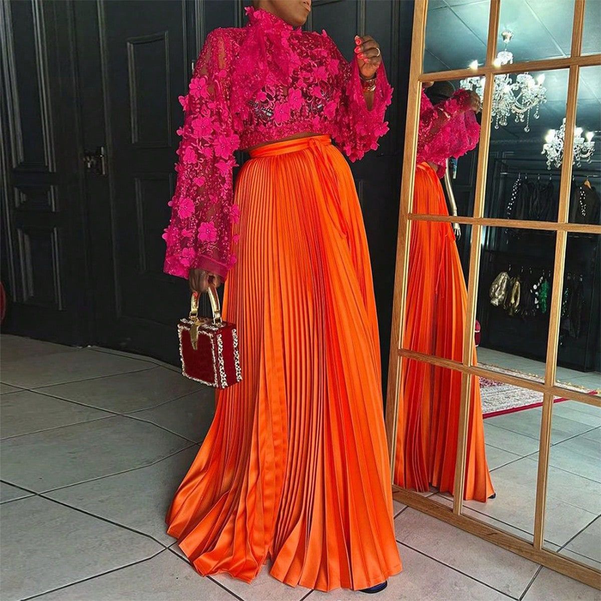 Women's Clothing Pleated Skirt Flowy Pleated Midi Skirt With Faux Silk Finish | Plus Size Women's Boho Chic Skirt For Casual & Party Wear_ecoleips.com
