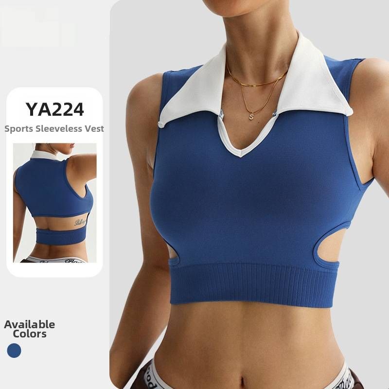 Women's Clothing Women's European American Style Yoga Vest Collared Color Block Fitness Wear Hollow Out Waist Cinching Tennis Sports Top_ecoleips.com