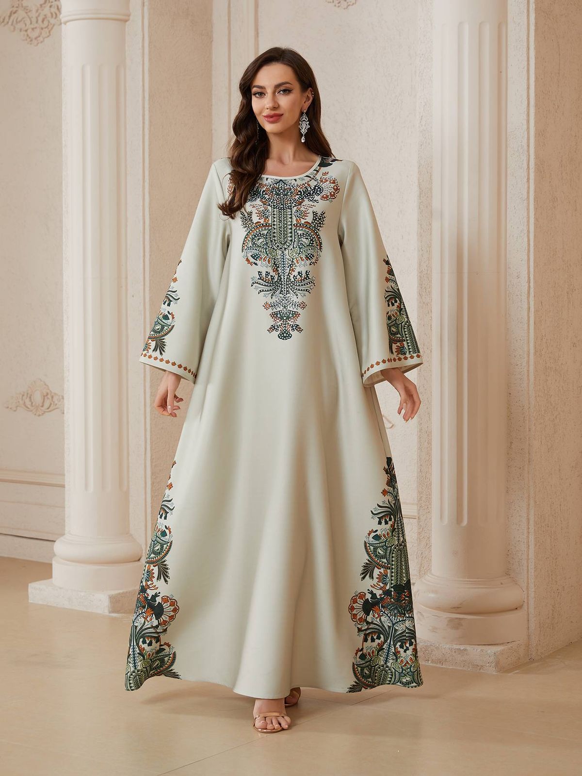Muslim Women's Long Robe, Printed Embellished Dress, Elegant Evening Gown, Stylish Muslim Fashion, Perfect For Special Occasions_ecoleips.com