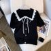 Women's Clothing Women's Ice Silk Knitwear T-Shirt With Peter Pan Collar Summer Autumn Design Short Sleeved Bow T-Shirt_ecoleips.com