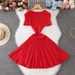 Women's Clothing Round Neck Short Sleeved Knitted Skirt Female Fashion Waist Slimming A Line Dress_ecoleips.com