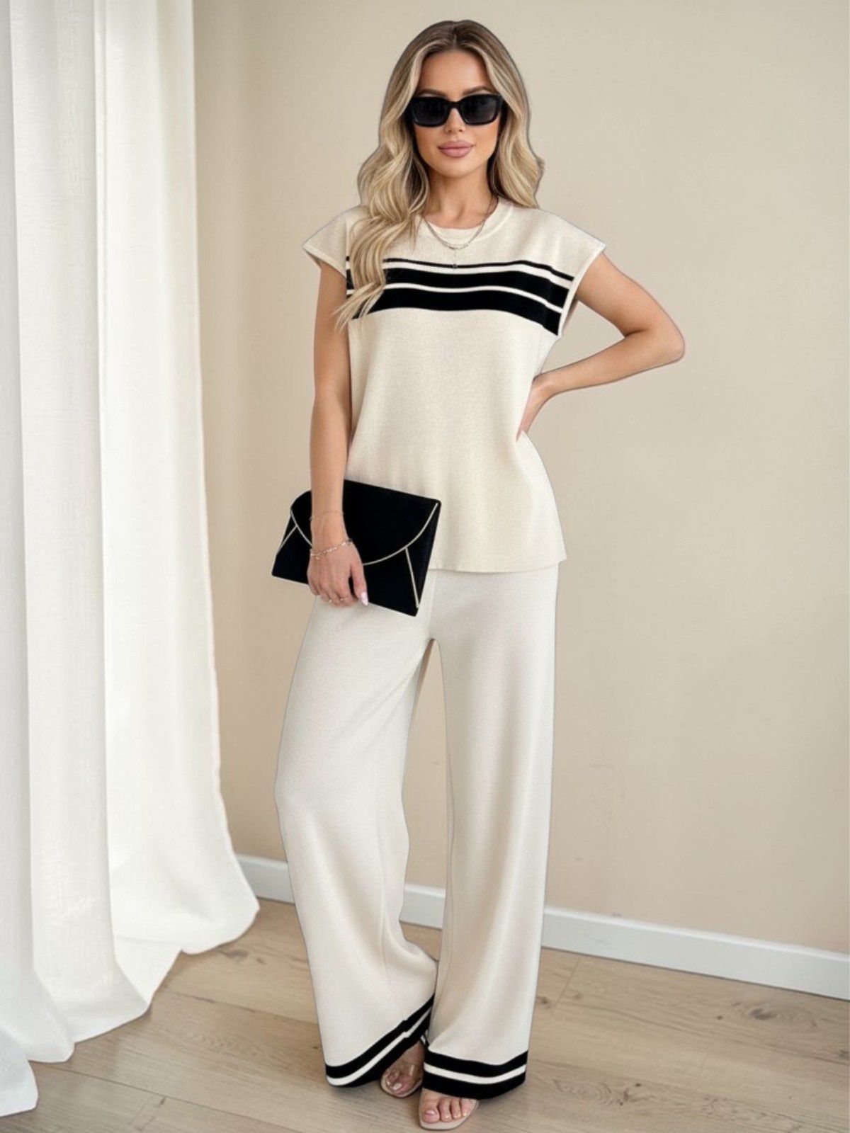 Color Blocked Knit Top And Loose Wide Leg Pants Women's Fashion Two Piece Set Summer American Style Clothing_ecoleips.com