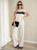 Color Blocked Knit Top And Loose Wide Leg Pants Women's Fashion Two Piece Set Summer American Style Clothing_ecoleips.com