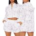 Women's Casual Sportswear Set Autumn Hooded Zipper Long Sleeved Floral Elastic Waist Jogging Shorts_ecoleips.com