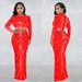 C6028 Fashion Women's Mesh Rhinestone See-through Sleeve Long Dress Two-piece Set_ecoleips.com