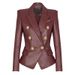Elegant Burgundy PU Leather Blazer Jacket For Women - Slim Fit Fashion Outerwear With Notched Lapel, Stretch Comfort & Versatile Styling_ecoleips.com
