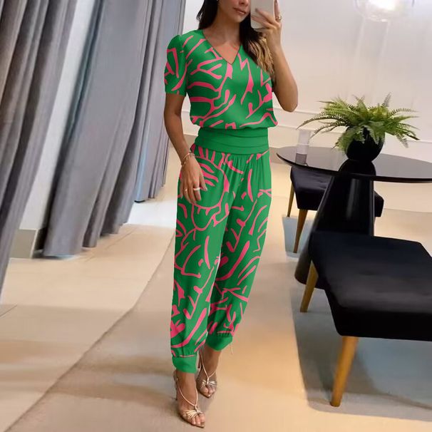 European And American Women's Fashion Casual V Neck Printed Two Piece Suit Short Sleeved Trousers Set 2025 New_ecoleips.com