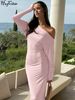 Hugcitar Fashion Skew Collar Long Sleeve Ruched Solid Sexy Bodycon Maxi Dress Autumn Winter Women Clothes Party Birthday_ecoleips.com