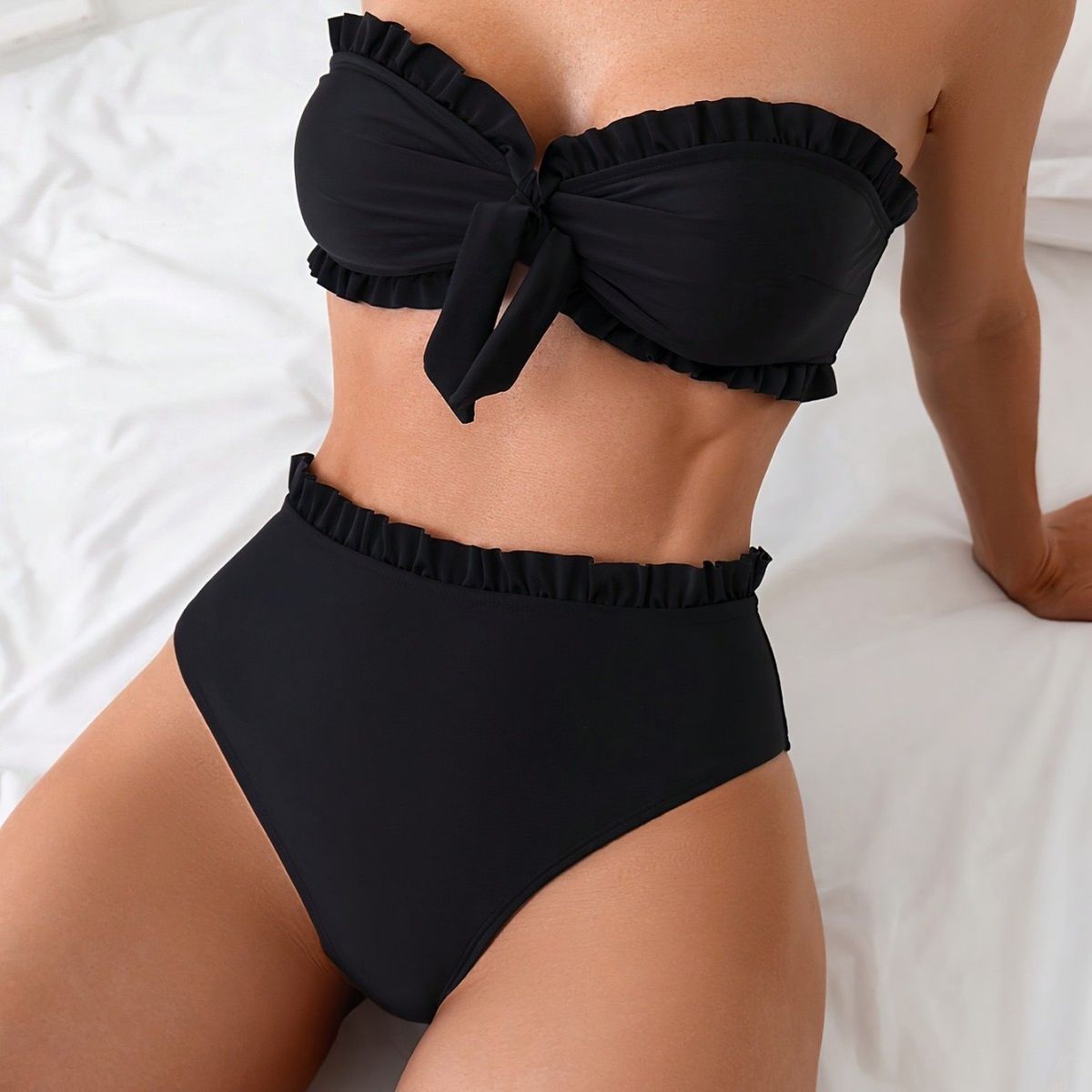 Women's Sexy Strapless Two Piece Swimsuit Solid Color Ruffled Slim Fit Bikini European American Style Swimwear_ecoleips.com