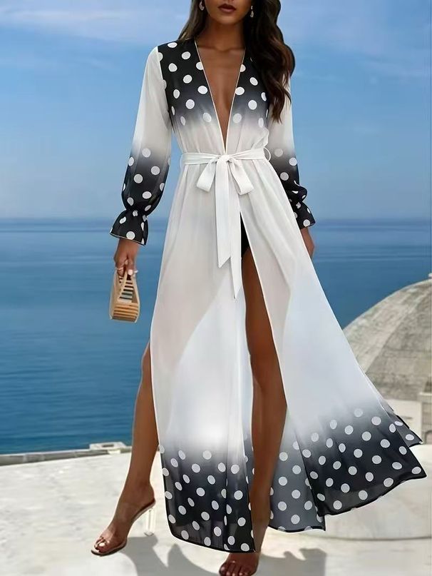 European And American Women's Casual Fashion Black And White Gradient Polka Dot Print Beach Vacation Versatile Loose Tie-side Split Cardigan_ecoleips.com
