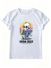 Women Retro Sunset Skeleton Drinking Beer Graphic T-Shirt Funny Beer Lover Quote Short Sleeve Casual Streetwear Tee_ecoleips.com