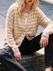 Lilac Yellow Stripe Pit Rib Knit Cardigan, Loose Lightweight Breathable Soft Skin-touch Long Sleeve Round Neck Button Knit Jacket_ecoleips.com