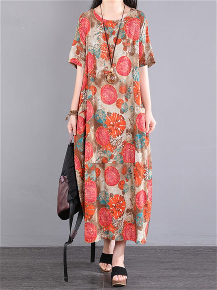 Cotton Short Sleeve Vintage Print Dresses For Women 2025 Summer Casual Loose Long Office Lady Dress Femme Robe Elegant Clothing_ecoleips.com