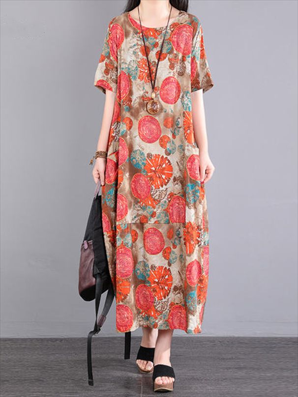 Cotton Short Sleeve Vintage Print Dresses For Women 2025 Summer Casual Loose Long Office Lady Dress Femme Robe Elegant Clothing_ecoleips.com