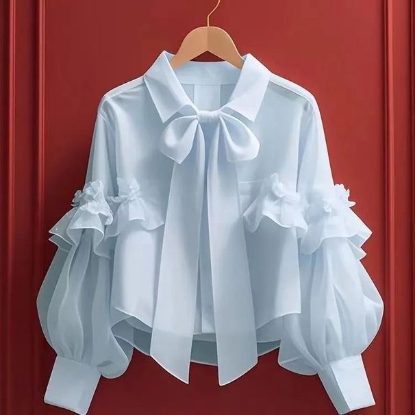 Women's Clothing Early Autumn New Tops For Women Style Unique Beautiful Green Bow Lantern Long Sleeved Shirt_ecoleips.com