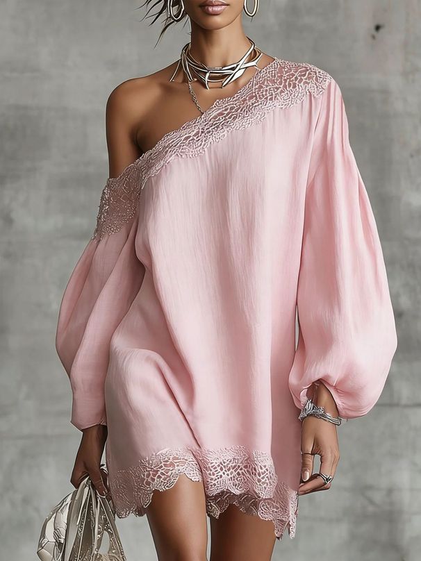 Women's Clothing Summer Lace Trim Off-Shoulder Long Sleeve Casual Top Solid Color_ecoleips.com