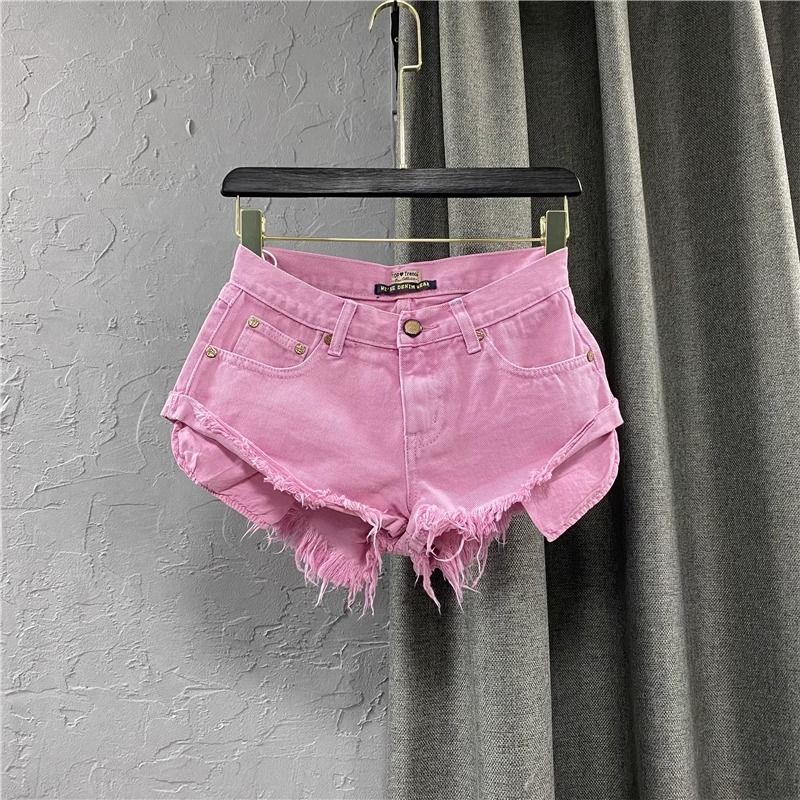 Low Waisted Pink Denim Shorts for Women Summer 2026 Style Exposed Pockets Wide Leg a Line Hot Pants Hot Girl Look_ecoleips.com