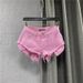 Low Waisted Pink Denim Shorts for Women Summer 2026 Style Exposed Pockets Wide Leg a Line Hot Pants Hot Girl Look_ecoleips.com