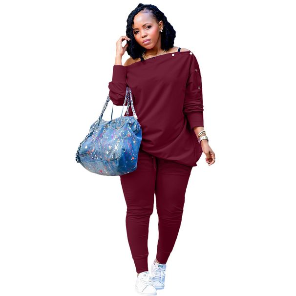 Women's Autumn/Winter Casual Two Piece Set Button Down Off Shoulder Pleated Drawstring Trousers_ecoleips.com