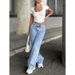 Women's High-Waisted Straight Leg Jeans Casual Versatile Diamond Embellished American Style Washed Denim Cross Border Hot Selling Item_ecoleips.com