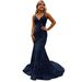 Sequined Ball Gown Slim Hip Wrapped Fishtail Small Trailing Evening Gown Spaghetti Straps V Neck Party Dress_ecoleips.com