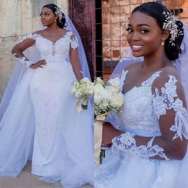 Women's Clothing Autumn New Style Deep V Neck Long Sleeve Trailing Lace Bride Wedding Dress_ecoleips.com