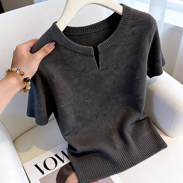 Gray Short Sleeved Knitted T-Shirt Casual Style High End Versatile Base Layer Top for Women New Summer 2026_ecoleips.com