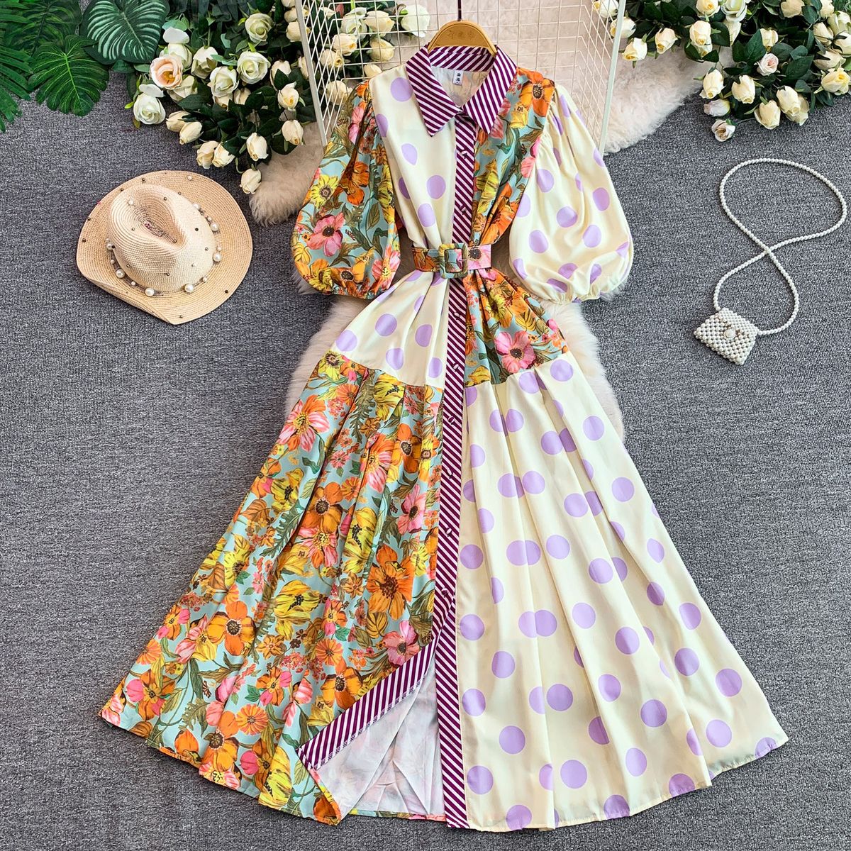 Women's French Retro Romantic Floral Print Dress Lantern Sleeve Summer Style Cute Color Blocking Youthful Full Skirt_ecoleips.com