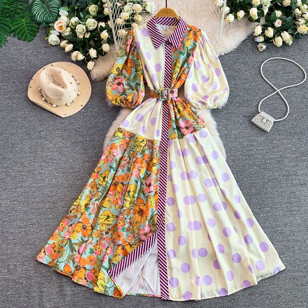 Women's French Retro Romantic Floral Print Dress Lantern Sleeve Summer Style Cute Color Blocking Youthful Full Skirt_ecoleips.com