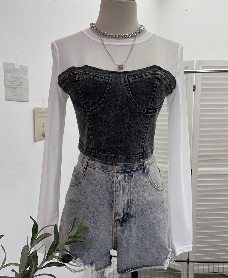 Women's Clothing Two Piece Denim Splicing Mesh Long Sleeved Top Short Navel Exposed Slim T Shirt_ecoleips.com