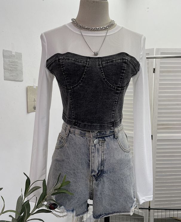 Women's Clothing Two Piece Denim Splicing Mesh Long Sleeved Top Short Navel Exposed Slim T Shirt_ecoleips.com